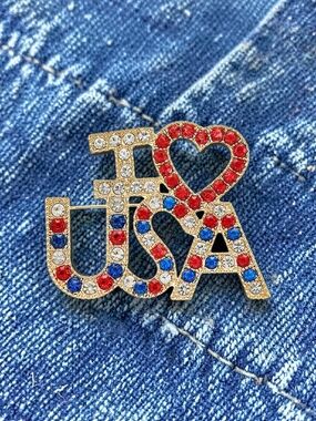 NEW Monet Patriotic Red, White & Blue 'I ♥ USA' Crystal Brooch 1.5"W NWT